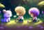 Placeholder: two cute fluffy chibi creatures, one kneeling and planting flowers, the other watching with arms folded in the sunshine, etherial