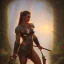 Placeholder: cinematic, majestic female barbarian, bodybuilder woman, bokeh, castle fortress, by thomas kinkade mark keathley terry redlin