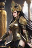 Placeholder: photography High Details,front_view, (1Queen, looking at viewer), black long hair,traditional dress ornaments mechanical_armor, intricate armor, delicate golden filigree, intricate filigree, black metalic parts, detailed part, dynamic pose, abstrac background, dynamic lighting