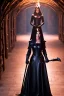 Placeholder: mature evil witch in black leather gown with a leather whip in her hand, big chest, angry face, inside a dungeon