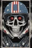 Placeholder: A close up of a skeleton face looking shocked, in an astronaut helmet and suit floating in space. inside the hollow eyes are red shining lights, scary. On his suit is an American flag and in his one hand is a small wavering American flag, on it is written "boned in the USA". From the back of his suit is blowing out blue, white and red smoke. Realistic, 8k, highly detailed, funny