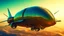 Placeholder: a high definition screen shot of a jet-fighter vw-beetle, blimp retrofuturistic, phototrealism, in flight, one subject,