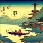 Placeholder: Ukiyo-e styled art, stream, mountain, sun, family on a boat