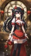 Placeholder: Tokisaki Kurumi appears to be elegant and has very polite manners, ivory skin and long, evil smile, crazy smile, black hair usually tied in long twin tails, deferent Eyes colors, right eye is red-tinted color, left eye appears as a golden color, inorganic clock face, a girl with astonishing beauty, wearing her astral black and red dress 'Elohim', left golden eye, intricate details, highly detailed, ASIAN STYLE