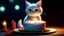 Placeholder: white cat eating cake with cinematic light Pixar style cool colors