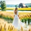 Placeholder: wide angle shot of golden wheat field next to river ,a watermill on river, a beautiful girl in pretty long dress walking in