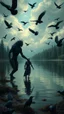 Placeholder: Bosch painting style nightmare , 3D , 2 creatures hand in hand by the lake from distant view surrounded by black birds, high Quality picture , 8k
