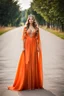 Placeholder: very beautiful ukrain lady wearing orange pretty maxi flared dress with hair silver crown ,standing idle pose