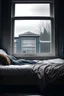 Placeholder: A person sleeping on the bed next to a window in rainy weather