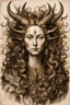 Placeholder: a Flemish Renaissance era ink wash and watercolor illustration of an otherworldly, richly adorned, demoness , highly detailed hair and facial features, in the style of Pieter Brueghel, Jan van Eyck, Quentin Matsys, and Hieronymus Bosch, aged canvas, antique craquelure finish, archaic museum quality masterpiece, 4k