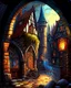 Placeholder: medieval fantasy cobblestone town with stained glass window buildings fairytale rpg art