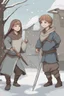 Placeholder: DnD style, two medieval peasant kids playing in the snow male and female, age 14 and 15, happy and playful, he has a short sword.