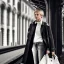 Placeholder: A young German woman with short hair and a black trench coat longingly waiting for her lover at a train station in Munich