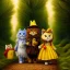 Placeholder: cute fluffy lion and scarecrow and tin-man and kitten on a journey into the woods walking on a yellow brick road, cute adorable pop surrealism, lowbrow art, realistic, street fashion, fluffy , pixar style, hyperrealism, christmas colors, rococo, by "NewAgerJul", Pixar, Disney, concept art, 3d digital art, Maya 3D, ZBrush Central 3D shading, bright colored background, radial gradient background, cinematic, Reimagined by industrial light and magic, 4k resolution post processing 8k resolution holog