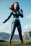 Placeholder: retro portrait image from 1960, sky background, wind, long red hair, fighting stance, sweet young Scarlett Johansson, black dress, classic long tight lycra black suit, gold bracelet and belt, high heel boots, superhero style, black widow, soft color, highly detailed, unreal engine 5, ray tracing, RTX, lumen lighting, ultra detail, volumetric lighting, 3d, finely drawn, high definition, high resolution.