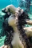 Placeholder: a beautiful woman, long curly black hair,closed eyes,coming from beneath the water,braking the surface with her face just coming out the water,looking up symbolism for breaking free. realistic,8k quality, action close shot from areal view,highly detailed , chaos 80