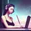 Placeholder: a side view of a beautiful girl sitting on her desktop writing something, headphones on, hand on her chin, nightlamp, digital art, anime, studio ghibli style, window and city background, portrait