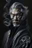 Placeholder: a photo of an Asian man with ethnic jewelry, grey hair and grey flowing robe, in style of Annie Leibovitz, contemporary portrait of a mature yet beautiful and modernist man, black and grey, detailed masculine face, swirling fluid smokey enigma, award-winning artwork