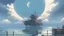 Placeholder: giant half transparent moon, glitchy, blurry, mechanical, sci-fi, maximum quality, centered on frame, far view, seasidel, white sky with cumulonimbus, anime, makoto shinkai style, japanese pier, rusty, decrepit, foggy