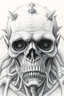 Placeholder: The face of and old men king, a thin line draw ، front view camera, decayed and rotting with grotesque proportions and imagery. surreal horror, biomechanical design, by hr giger and beksinski , fine lines draw