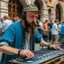 Placeholder: A bearded DJ with a hat on his head at the DJ console, many electronic consoles around, play middle street of medieval city,