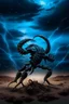 Placeholder: Black emperor Scorpio emblem on a burning landscape background With its Tail curled up behind his back ready to strike and from claws grasping under a storming sky with blue lightening striking around it