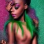 Placeholder: studio portrait high resolution color photography with a 5 0 mm f / 2 2 lens of a beautiful young dark skin model, colorful glitter makeup, light green hair, fine art photography, soft focus, studio lighting, steven meisel, 90s fashion photography, fashion photography, hugo comte