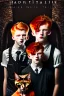 Placeholder: Act like a book cover designer. Use dark style. Grimmy black cat and three teenagers (13-15 years old) - two boys with ginger hair and frickles on their faces and a girl with brown long hair. Environment: old town.