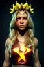 Placeholder: portrait, Shakira, blonde, angry, Realistic image, superhero, watchmen style, gold make-up, blood, sweat, fog, goddess style, Neon colors, leds. Black background, photo studio, concept art, smooth, unreal engine 5, god lights, ray tracing, RTX, lumen lighting, ultra detail, volumetric lighting, 3d, finely drawn, high definition, 4k.