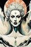 Placeholder: create a highly ethereal, darkly magical surrealist portrait illustration of the mother of vampires, Lamae Bal, with highly detailed and deeply cut facial features, in the chaotic, turbulent, otherworldly landscape of Coldharbour in the comic art style of BILL SIENKIEWICZ and JEAN GIRAUD MOEBIUS, searing lines and forceful strokes, precisely drawn, inked, and darkly colored