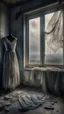 Placeholder: An old dusty wedding dress hanging on the wall by a cloths hanger by a needle of an abandoned room in front of broken glass stormy foggy sky in the background