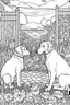 Placeholder: Outline art, dogs in the garden, cartoon style, low detail, --ar 9:11