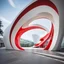 Placeholder: Perspective from outside of the Messe Dornbirn exhibition centre entranceway, by Toyo Ito, dramatic modernist red asymmetrical elliptical semi-circular framed entrance to a large white art exhibition building, modern art design, stylish, sleek, flowing biomorphic architecture, Marte.Marte architects