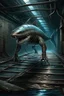 Placeholder: urban humanoid bipedal walking muscular brutish half-shark thresher shark in a sewer digital art