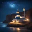 Placeholder: Islamic small mosque at night, the mosque stands on a rock, the sea is below, the light is on in the mosque windows, there are many stars in the sky, the sky is dark blue