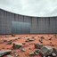 Placeholder: Photograph, wasteland, reflective aluminum wall, Truman show, brutalist concrete architecture, rocce, grey sky, liquid, polvere, red spot, open air museum style, wires, apparecchi elettronici, powder, minimalist, details of the dust very accentuated, deep 3d field