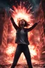 Placeholder: Photorealistic young woman standing, with arms raised, in front of an exploding building at night, with red auras around her