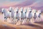 Placeholder: Oil on canvas portrait of seven majestic white horses galloping in a vast, open landscape. They go at full speed, their manes blowing in the breeze. The soft gradient background of pastel pinks and purples creates a serene and dreamy atmosphere. Clear summer weather. The overall effect is one of movement and freedom, capturing the boundless spirit of horses.