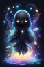 Placeholder: a lonely bioluminiscent transparent cute chibi (((black ghost))) flowing in a mystical rainbow, fireflies, 8K, HD, intricate details, anime style