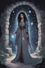 Placeholder: A female DnD character in a dark cave. A mysterious half-elf twilight cleric with dark, super curly hair and blue eyes. Wearing a grey robe with star symbols on it.