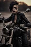 Placeholder: scarred vampire girl showing fangs with short cropped cyberpunk hair riding a black cafe racer motorcycle in a post apocalyptic wasteland at dusk