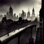 Placeholder: Bridge on rooftops Gotham Metropolis,European Neogothic imperial city, uphill Road, 1900s photograph, 8K resolution, #film, diffuse light,German noir,matte painting,chaos city, traffic,BioShock