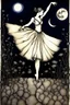 Placeholder: alcohol pen and ink stunning detalied surreal image where a dancer's dress transforms into a silver and moonlight capturing the elegance and etheraly of dance, the background is a cracked , ruined nightly garden with plants siluettes, and little fireflies, dark night, full shiny moon, stunning, masterpeace