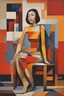 Placeholder: painting of a tired woman sitting on a chair, cubist vibe, sleeveless, oilpaint, variations around female, scarlet and orange blast color dynamics, 1970s philippines, family portrait,centre composition, viet aspect