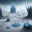 Placeholder: frozen alien landscape. some tiny, spiky blue alien creatures. spacecraft in the distance
