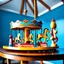 Placeholder: wooden toy carousel on a large table in a blue room