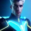 Placeholder: Handsome sexy galactic man with blue and blond hair in the wind, lightining tron suit, lights, hight détails, cinematic, artstation, unreal engine 5, stars in background