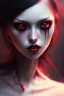 Placeholder: Vampire girl, cute, beautiful, white eyes, red lips, black hair with bangs, goth, close up portrait by Greg Rutkowski