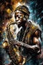 Placeholder: A ultra realistic poster of an African guy playing the saxophone having word sign as “street art ”, by Daniel Castan Carne Griffiths Andreas Lie Russ Mills Leonid Afremov, black background, fine lines draw, smile, standing in the temple