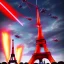 Placeholder: Robot géant extra terrestre tire laser rouge vif sur la tour eiffel, militaires tirent sur le robot